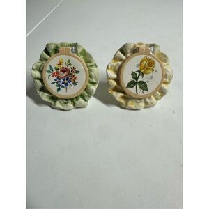 Vintage 1983 Newell Pottery Lot of 2 Decorative Ceramic Stands Floral Design
